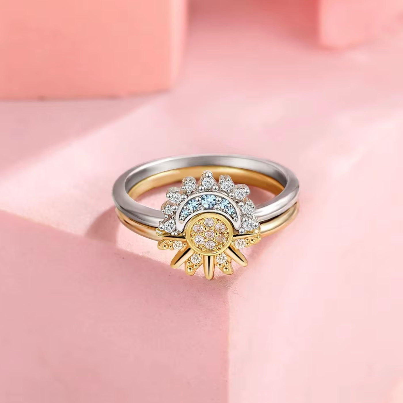 Silver Sun and Moon Couple Ring Set