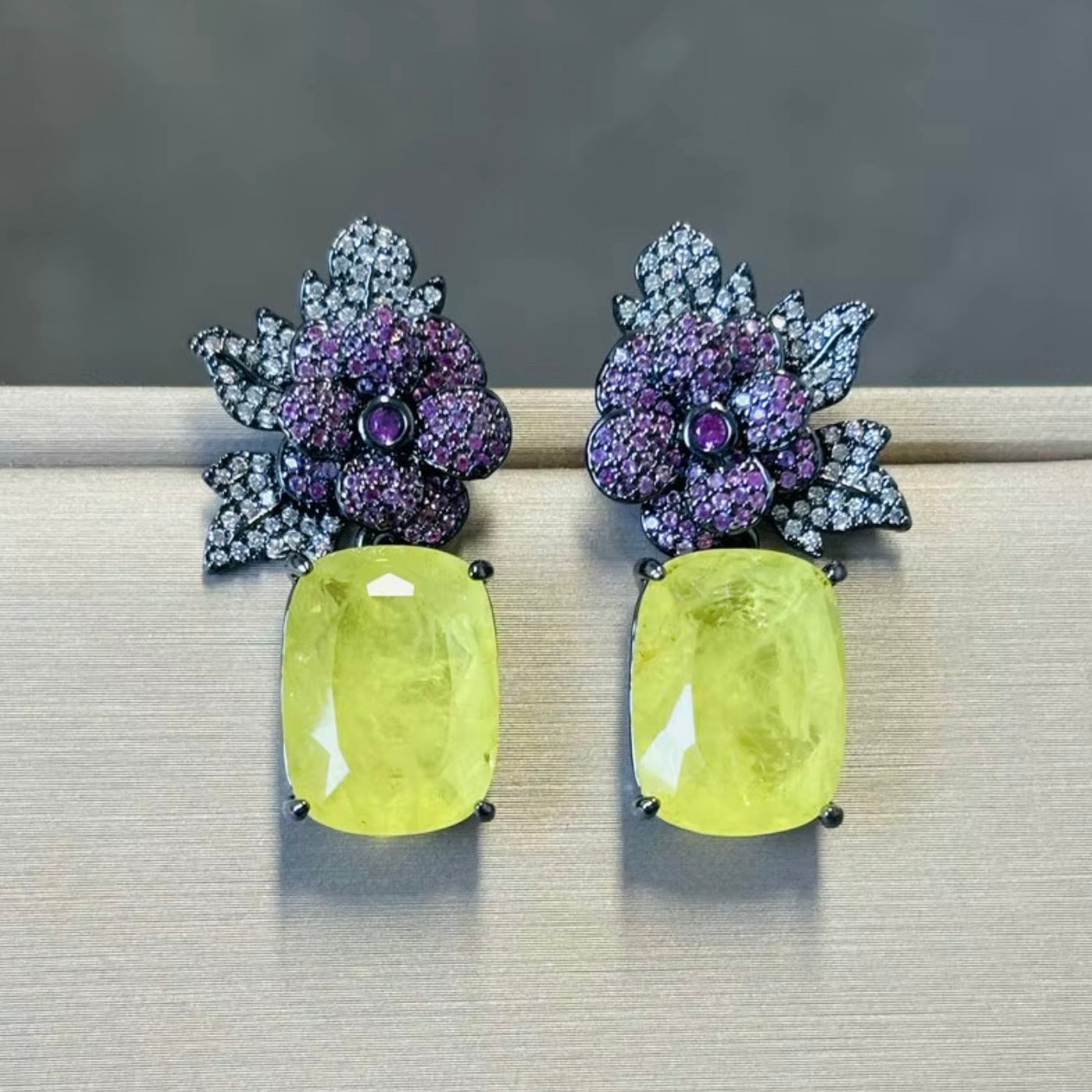 Purple & Gold Floral CZ Dangle Earrings
