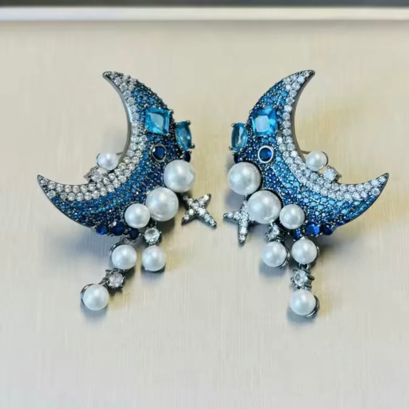 Cubic Zirconia & White Pearl Moon Drop Earrings